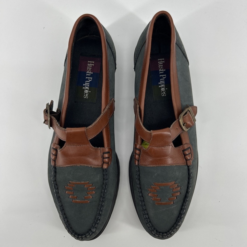 Hush Puppies Leather Loafers Shoes Women's 9 Brown Green T-Strap Casual VTG